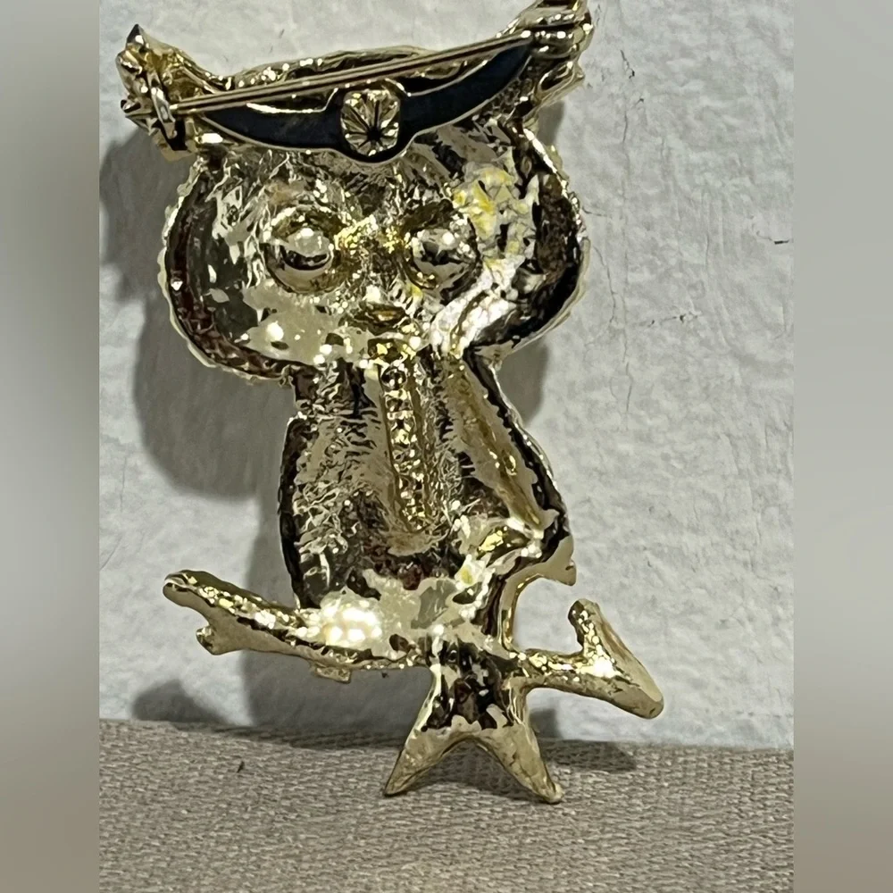 Gerry’s Owl Bird Branch Rhinestone Jeweled Eyes Brooch Gold Pin Vintage Jewelry